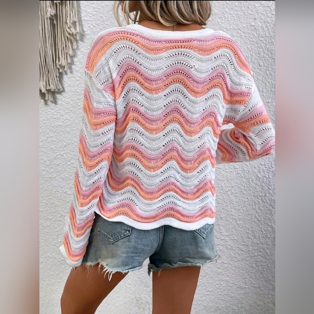 New Casual Wavy Stripe Open Knit Top Sweater White Pink Coral Orange - Picture 5 of 8